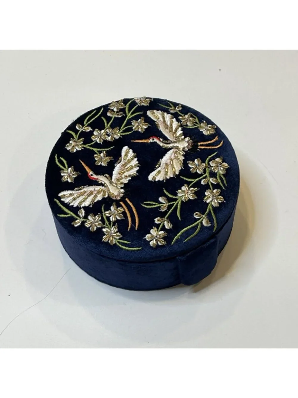 Beaded Crane Jewelry Box Blue Velvet Round Trinket Box Embroidered 5.5